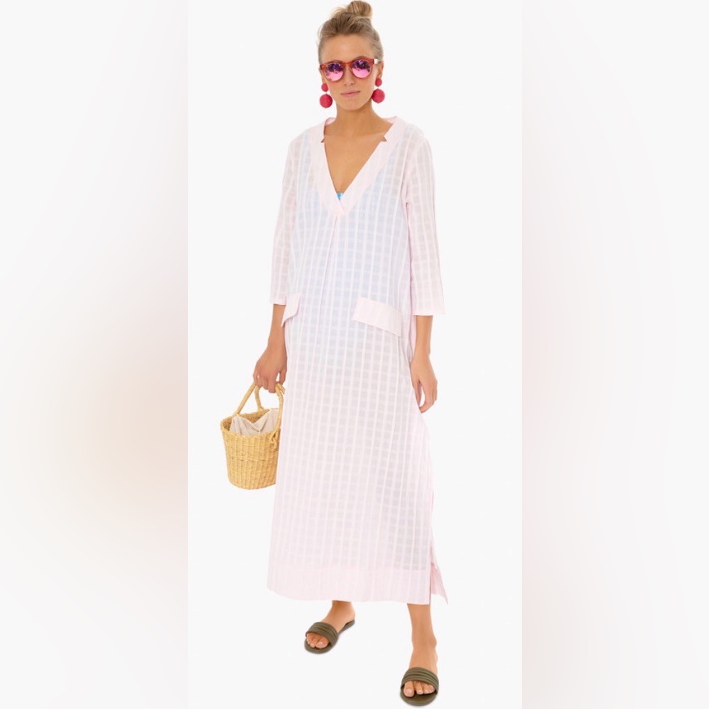 Pomander Place Light Pink Carolina Caftan Cotton Maxi Dress Long Sleeve XL